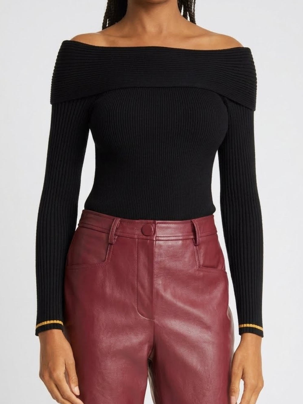 Milly Black Off-the-Shoulder Ribbed Sweater with Gold Trim